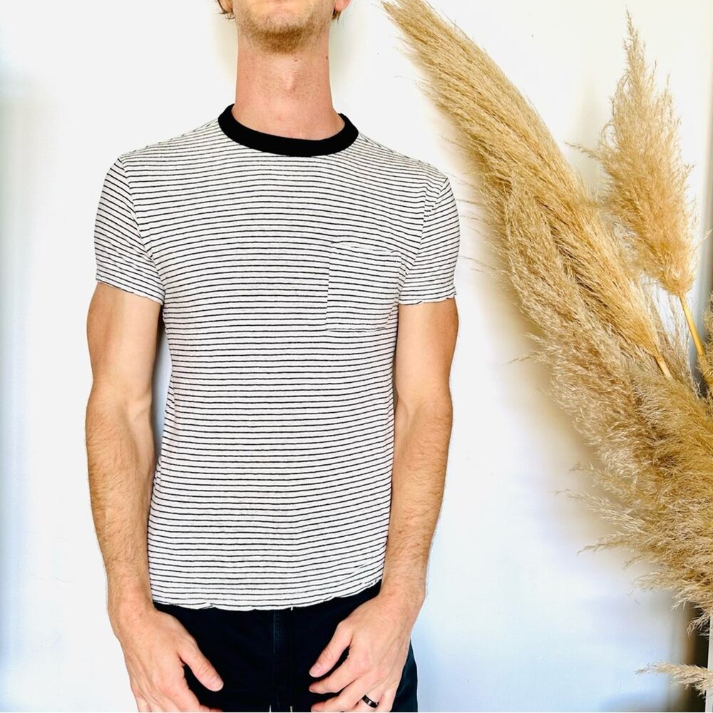 MENS GOODFELLOW & CO White Black Striped Hemp Blend Short Sleeve Tee Shirt Top S